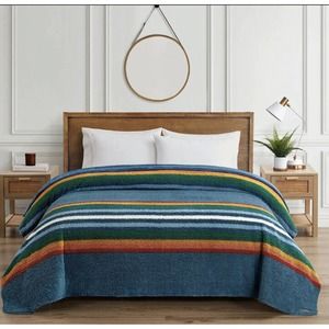 Pendleton Grand Canyon Stripe Sherpa Fleece King Size Green Blanket 112in X 92in